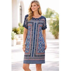 Chico's Tunic Dress Sheath Slinky Boho Geometric Print Multicolor Slip-On size M